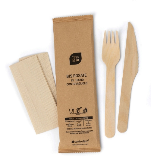 Immagine di BIS POSATE IN LEGNO CERATO + TOVAGLIOLO 160mm